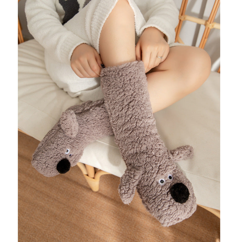 Cute Cartoon Dog Socks Winter Warm Non-slip Plush Socks For Women&Kids
